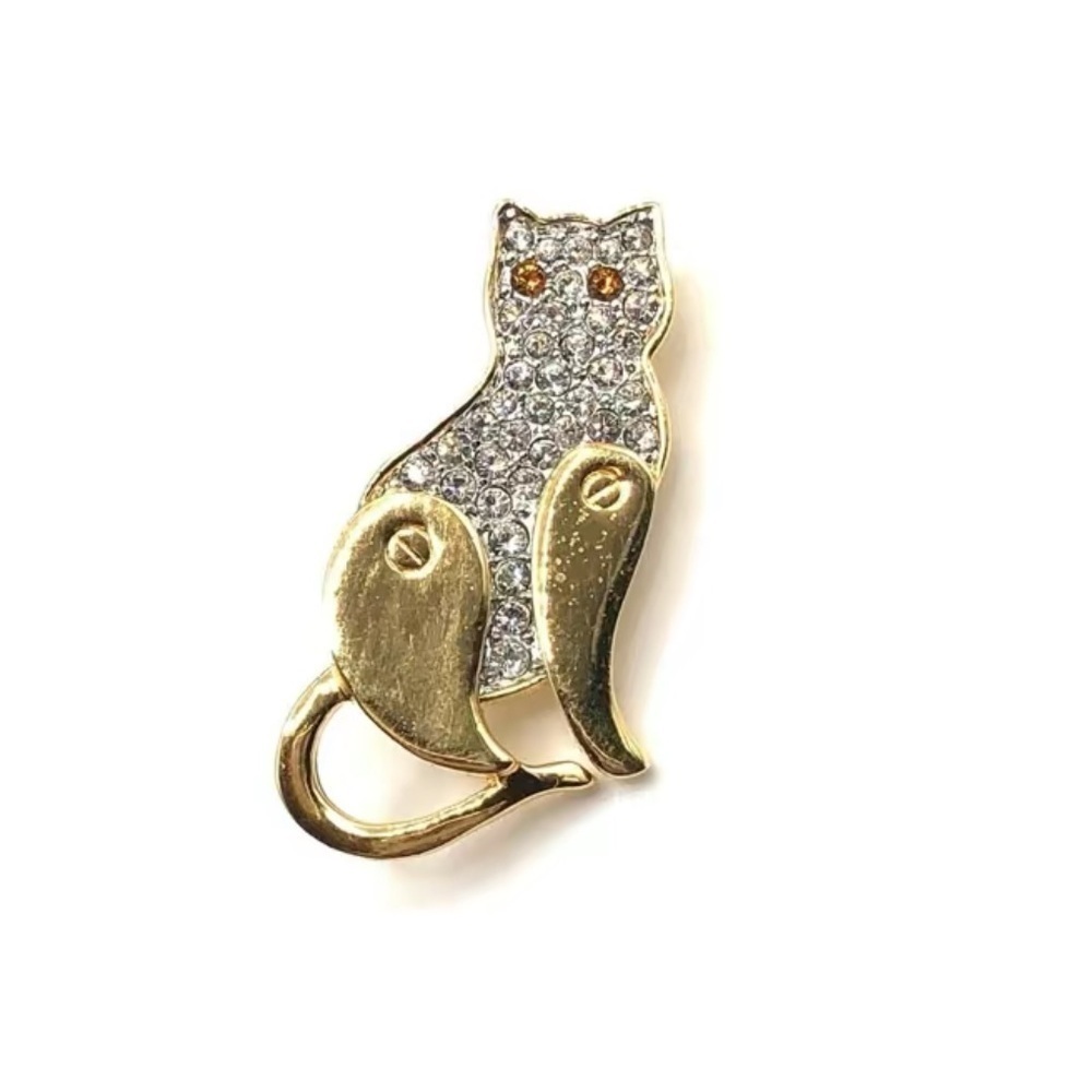 Gold Rhinestone Cat Brooch - Picture 1 of 4